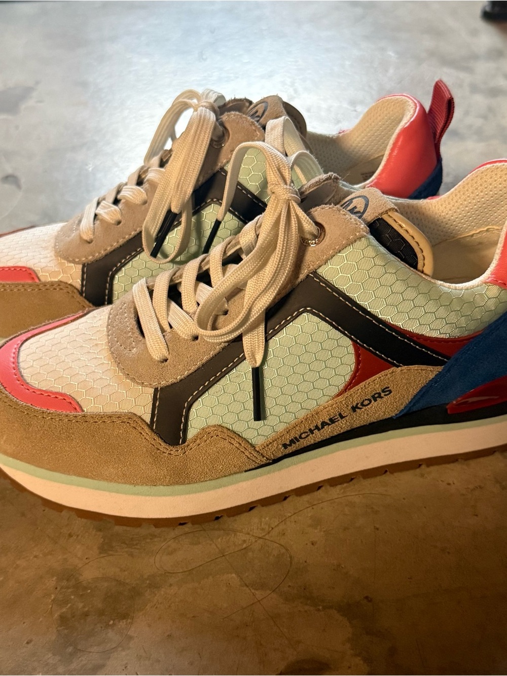Michael Kors Women’s Mint, Tan & Coral Leather-Trim Trainer Sneaker size 6